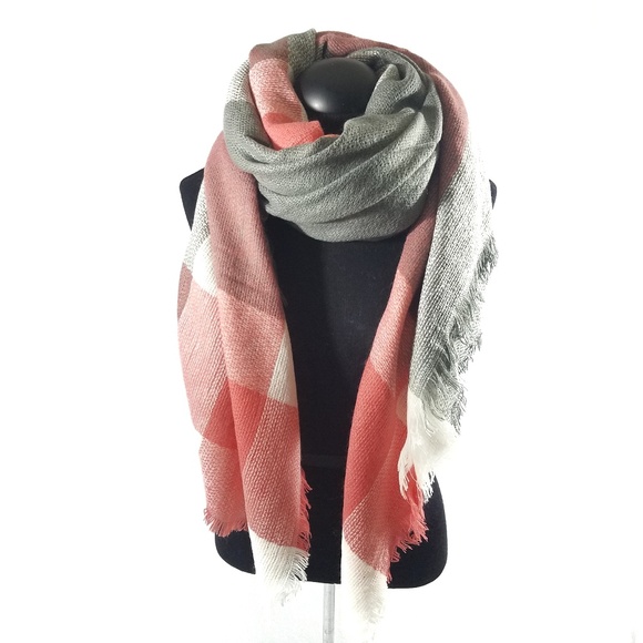 Pink Gray and Cream Soft Plaid Blanket Scarf - Picture 1 of 4